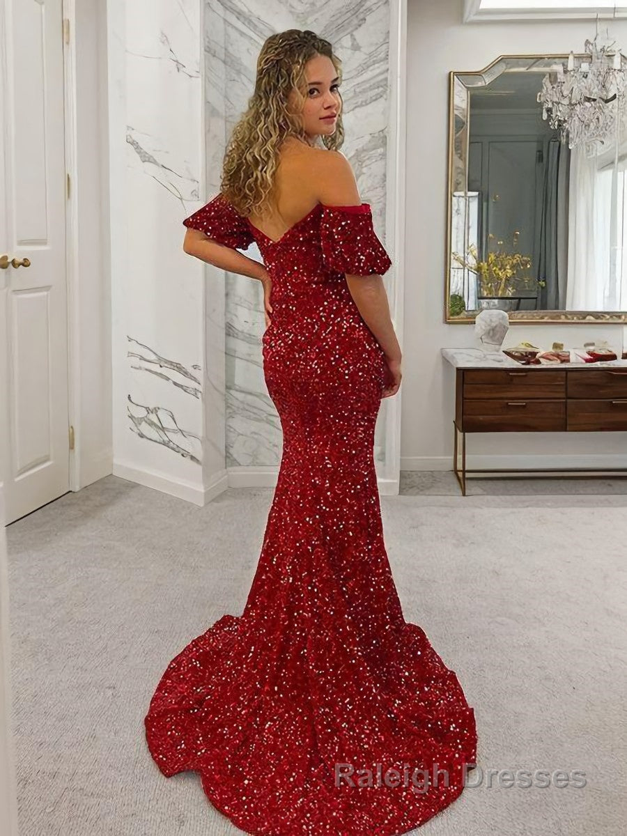 Sheath/Column Off-the-Shoulder Court Train Velvet Sequins Prom Dresses With Leg Slit Secondary image