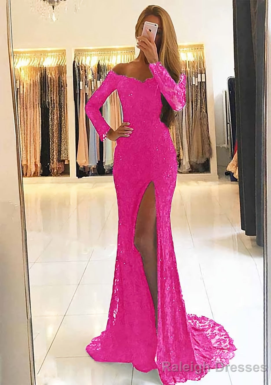 Sheath/Column Off-the-Shoulder Full/Long Sleeve Sweep Train Lace Dresses With Split