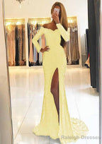 Sheath/Column Off-the-Shoulder Full/Long Sleeve Sweep Train Lace Dresses With Split