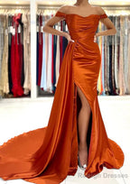 Sheath/Column Off-the-Shoulder Short Sleeve Charmeuse Court Train Prom Dresses With Pleated