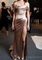 Sheath/Column Off-the-Shoulder Short Sleeve Sweep Train Satin Prom Dresses With Pleated
