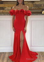 Sheath/Column Off-the-Shoulder Sleeveless Sweep Train Satin Prom Dresses With Ruffles Split