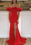 Sheath/Column Off-the-Shoulder Sleeveless Sweep Train Satin Prom Dresses With Ruffles Split