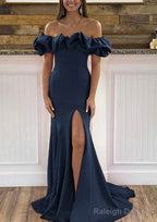 Sheath/Column Off-the-Shoulder Sleeveless Sweep Train Satin Prom Dresses With Ruffles Split