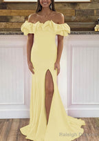 Sheath/Column Off-the-Shoulder Sleeveless Sweep Train Satin Prom Dresses With Ruffles Split
