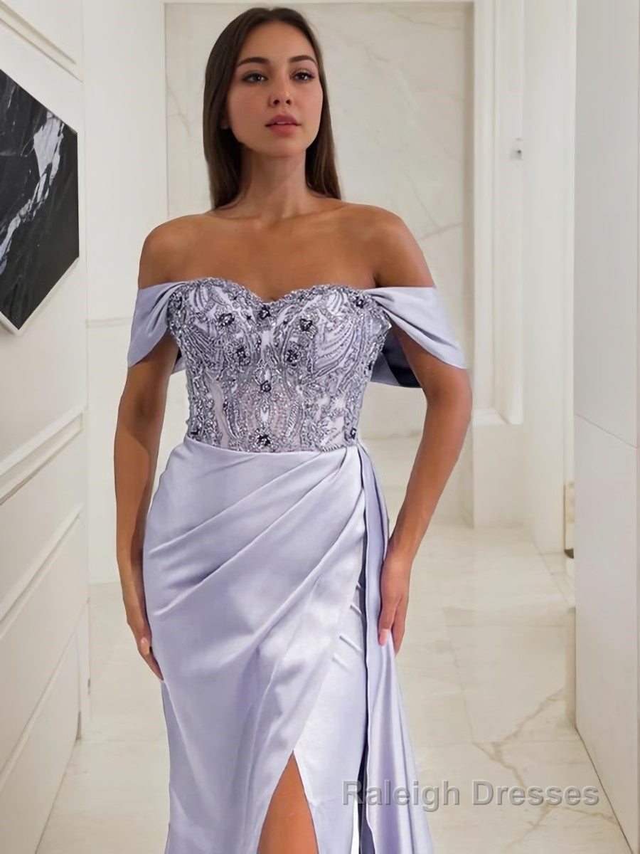 Sheath/Column Off-the-Shoulder Sweep Train Elastic Woven Satin Prom Dresses With Leg Slit Secondary image