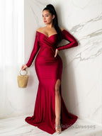 Sheath/Column Off-the-Shoulder Sweep Train Jersey Prom Dresses With Leg Slit