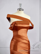 Sheath/Column Off-the-Shoulder Sweep Train Silk like Satin Bridesmaid Dresses with Leg Slit
