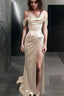 Sheath Off-the-Shoulder Sweep Train Silk like Satin Prom Dresses With Leg Slit