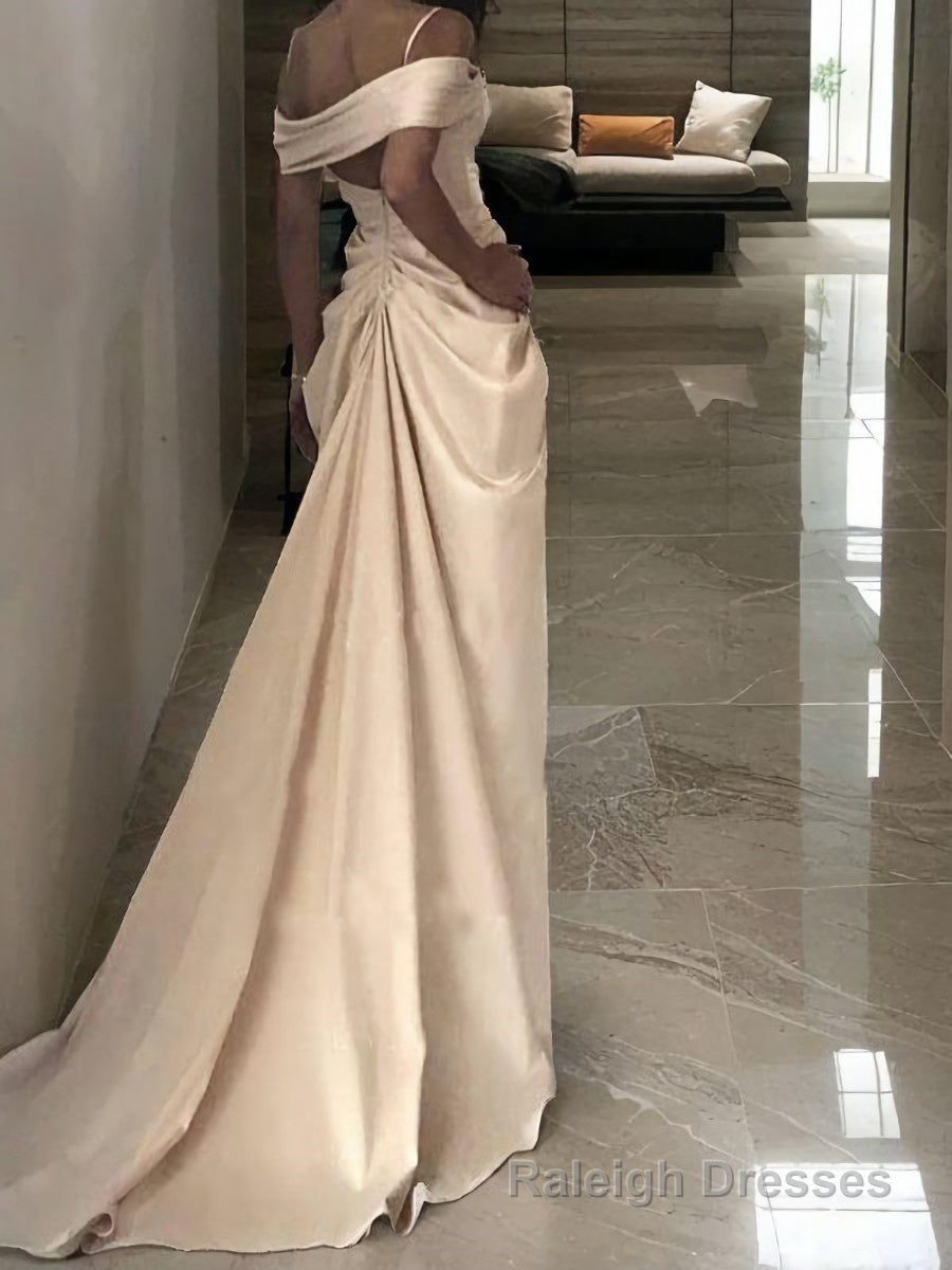 Sheath/Column Off-the-Shoulder Sweep Train Silk like Satin Wedding Dresses With Leg Slit Secondary image