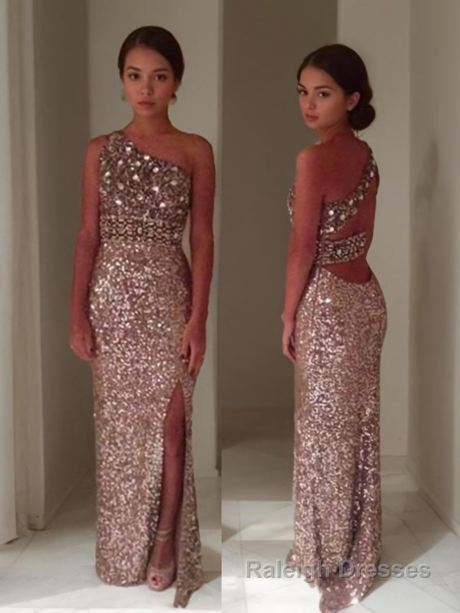 Sheath/Column One-Shoulder Floor-Length Sequins Prom Dresses With Leg Slit Main image