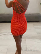 Sheath/Column One-Shoulder Short/Mini Tulle Homecoming Dresses With Ruffles