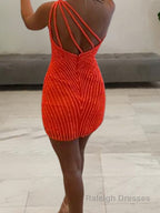 Sheath/Column One Shoulder Short Mini Tulle Homecoming Dresses With Ruffles
