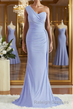 Sheath/Column One Shoulder Sweep Train Jersey Bridesmaid Dress