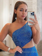 Sheath/Column One-Shoulder Sweep Train Jersey Prom Dresses With Leg Slit