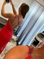 Sheath/Column One Shoulder Sweep Train Lace Prom Dresses With Leg Slit