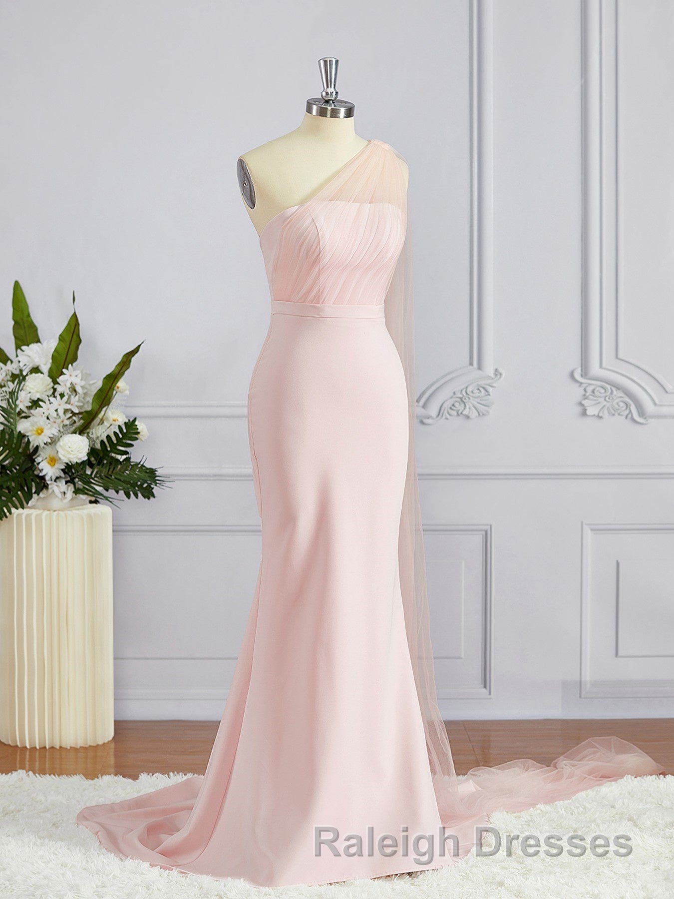 Sheath/Column One Shoulder Sweep Train Stretch Crepe Bridesmaid Dress