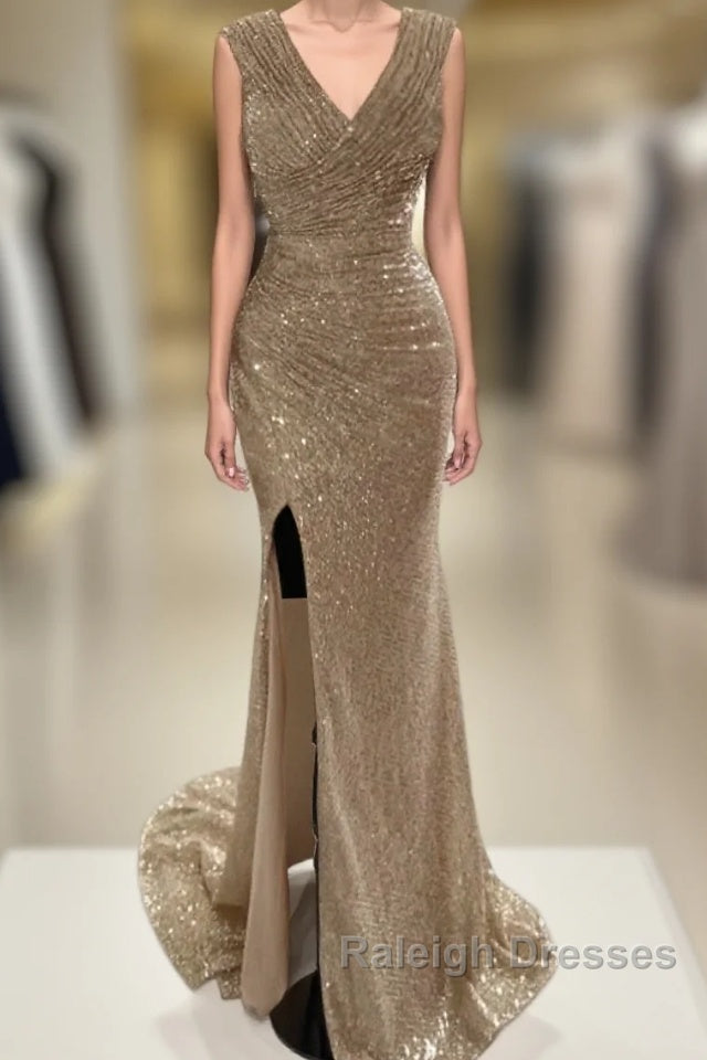 Sheath / Column Prom Dresses Sparkle & Shine Dress Cocktail Party Sweep / Brush Train Sleeveless V Neck Sequined With Glitter Ruched Slit Main image