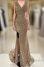 Sheath / Column Prom Dress Sparkle & Shine Dresses Cocktail Prom Sweep / Brush Train Sleeveless V Neck Sequined With Glitter Ruched Slit
