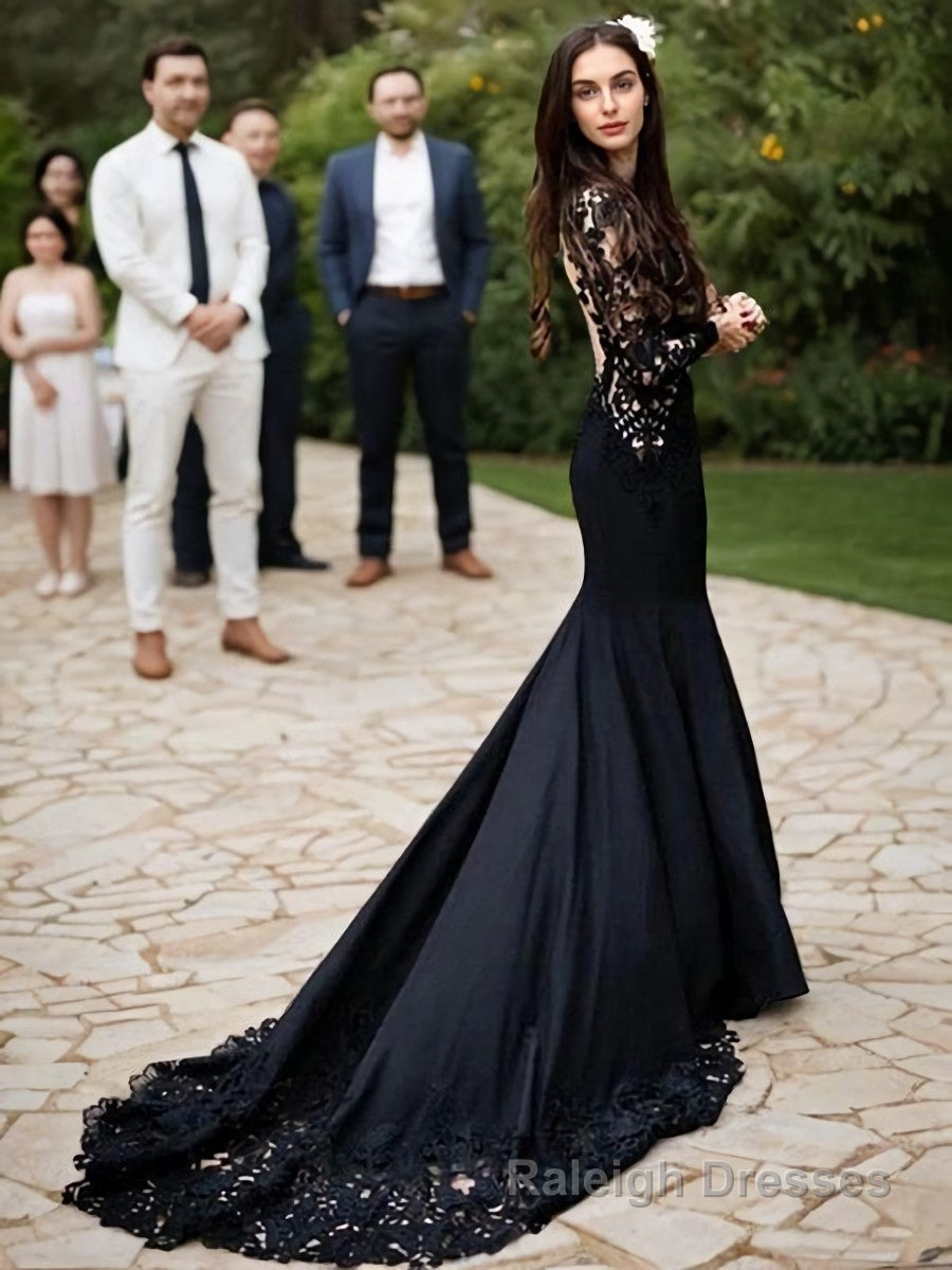 Sheath/Column Scoop Sweep Train Stretch Crepe Prom Dresses With Appliques Lace Main image