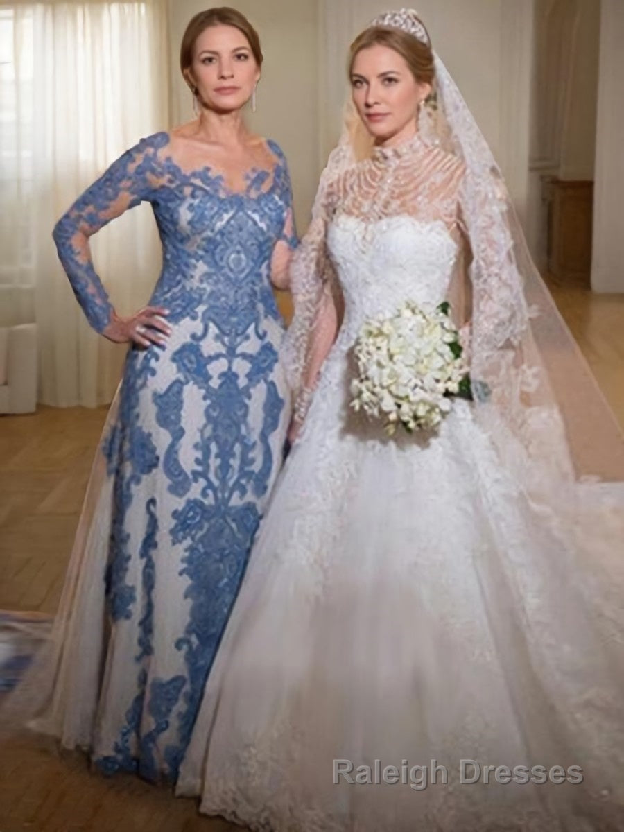 Sheath/Column Scoop Sweep Train Tulle Mother of the Bride Dresses With Lace Main image