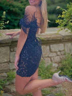 Sheath/Column Spaghetti Straps Short/Mini Lace Applique Homecoming Dresses