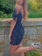 Sheath/Column Spaghetti Straps Short Mini Lace Applique Homecoming Dresses
