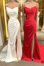 Sheath/Column Spaghetti Straps Sweep Train Elastic Woven Satin Prom Dresses With Leg Slit