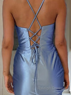 Sheath/Column Spaghetti Straps Sweep Train Silk like Satin Prom Dresses With Leg Slit