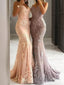 Sheath/Column Spaghetti Straps Sweep Train Tulle Prom Dresses With Appliques Lace