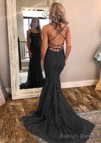 Sheath/Column Square Neckline Sleeveless Court Train Lace Prom Dress With Appliqued
