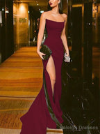 Sheath/Column Strapless Court Train Elastic Woven Satin Prom Dresses With Leg Slit