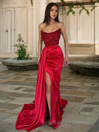 Sheath/Column Strapless Sweep Train Elastic Woven Satin Prom Dresses With Leg Slit