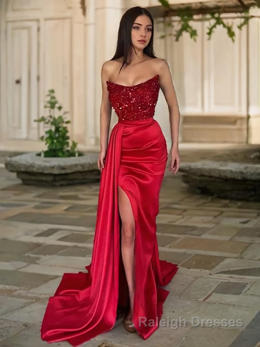 Sheath/Column Strapless Sweep Train Elastic Woven Satin Prom Dresses With Leg Slit