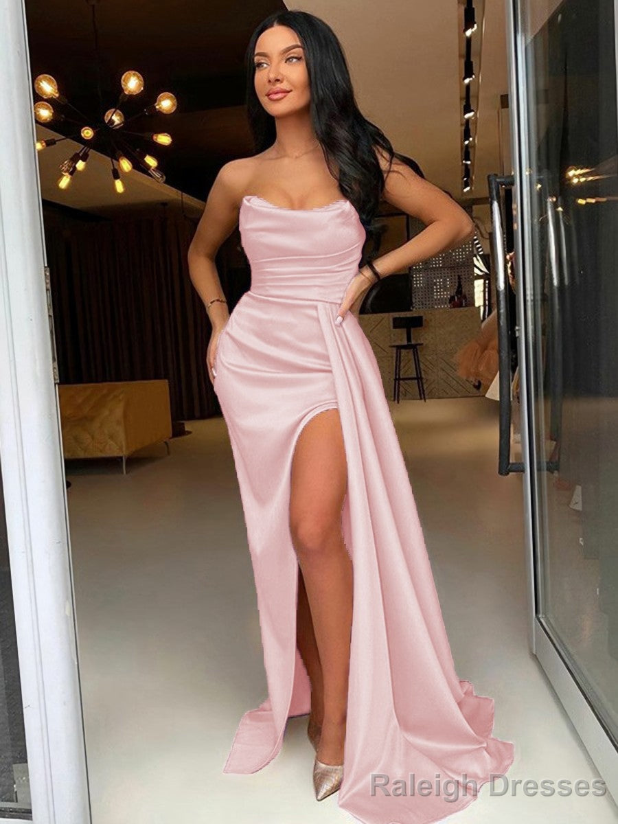 Sheath/Column Strapless Sweep Train Elastic Woven Satin Prom Dresses With Leg Slit