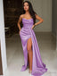 Sheath/Column Strapless Sweep Train Elastic Woven Satin Prom Dress With Leg Slit