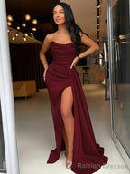 Sheath/Column Strapless Sweep Train Elastic Woven Satin Prom Dress With Leg Slit