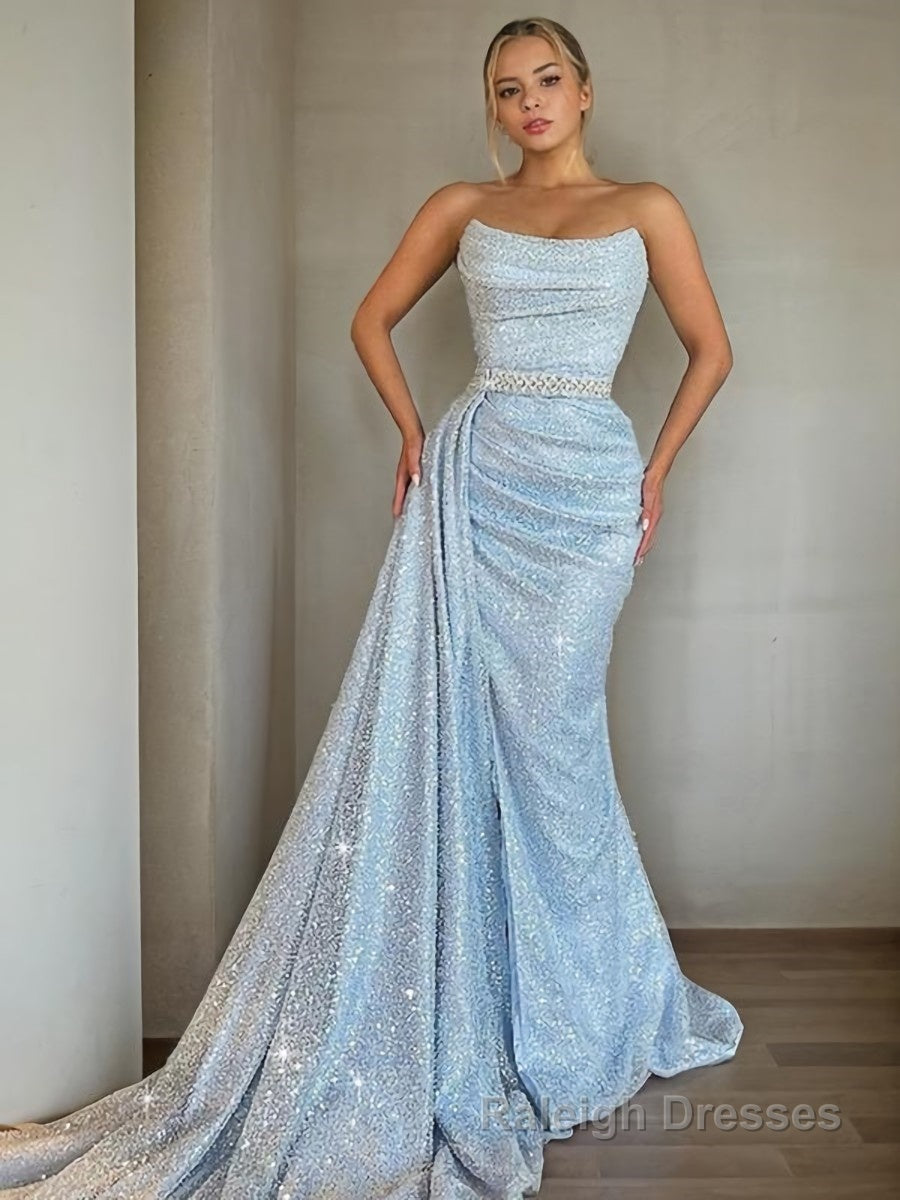 Sheath/Column Strapless Sweep Train Prom Dresses With Ruffles Main image