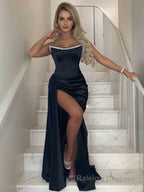 Sheath/Column Strapless Sweep Train Satin Prom Dresses With Leg Slit