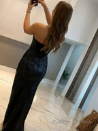 Sheath/Column Strapless Sweep Train Sequins Prom Dresses With Leg Slit
