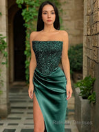 Sheath/Column Strapless Sweep Train Sequins Prom Dresses With Leg Slit