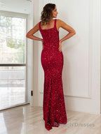 Sheath/Column Straps Floor-Length Velvet Sequins Prom Dresses With Leg Slit