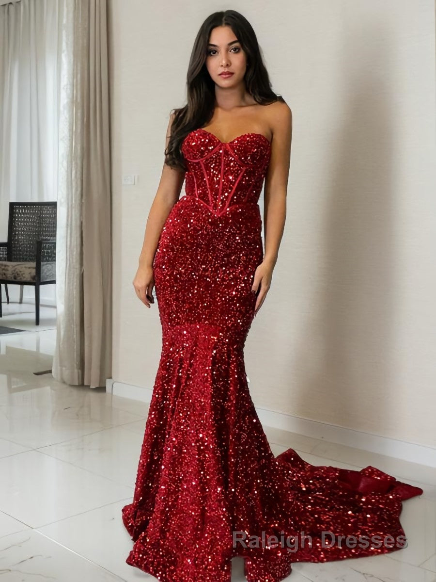 Sheath/Column Sweetheart Court Train Velvet Sequins Prom Dresses With Ruffles Main image