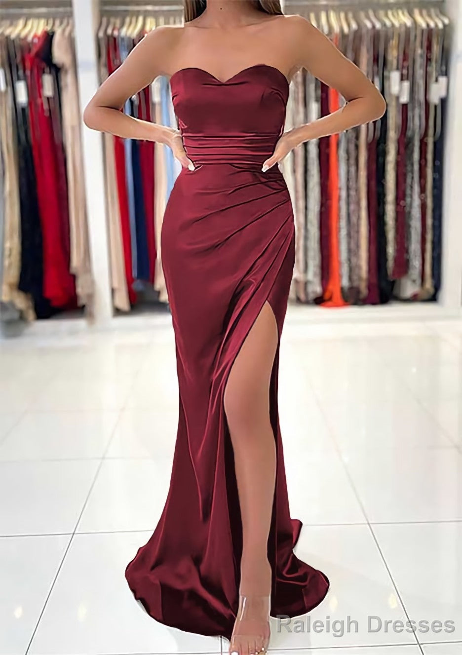 Sheath/Column Sweetheart Sleeveless Charmeuse Long Dress Floor Length Prom Dress With Pleated Split