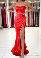Sheath/Column Sweetheart Sleeveless Charmeuse Long/Floor-Length Prom Dresses With Pleated Split