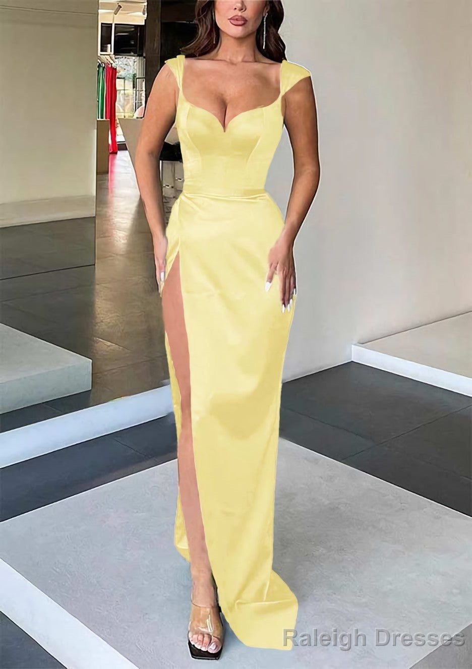 Sheath/Column Sweetheart Sleeveless Long Dress Floor Length Satin Prom Dress With Split