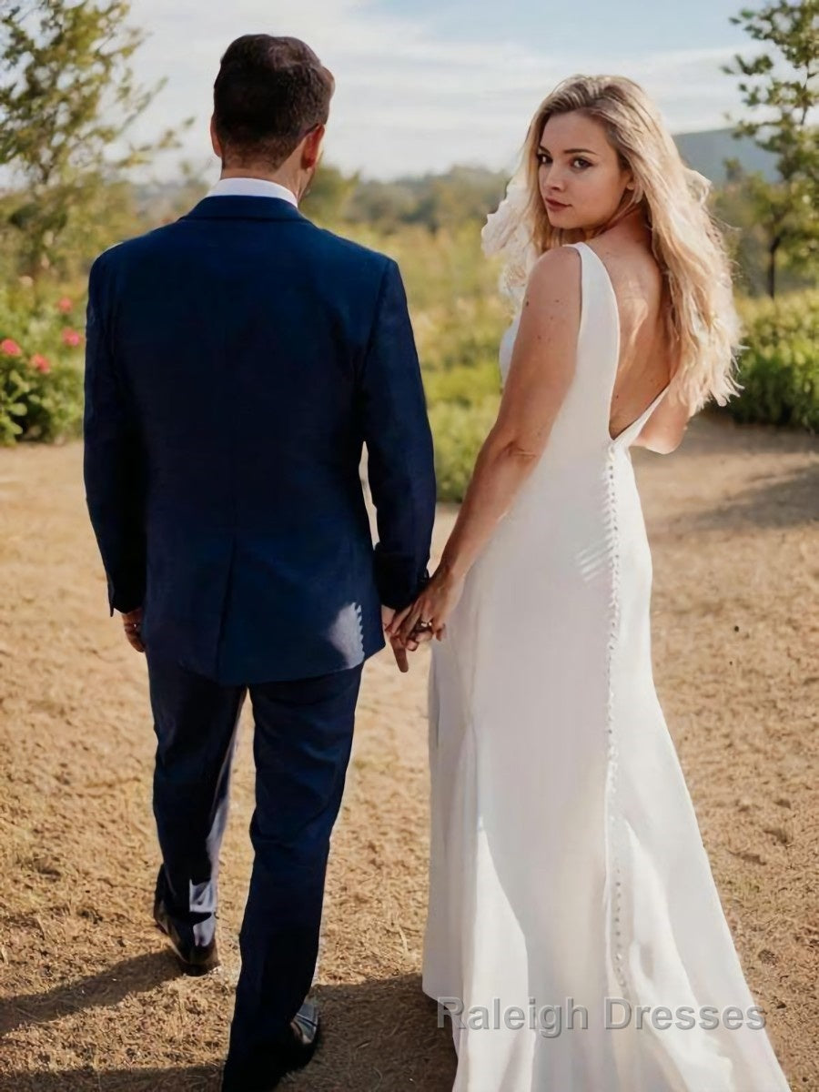 Sheath/Column V Neck Court Train Stretch Crepe Wedding Dresses With Leg Slit Secondary image