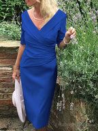 Sheath/Column V-neck Knee-Length Satin Mother of the Bride Dresses With Ruffles