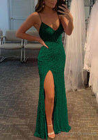 Sheath/Column V Neck Spaghetti Straps Long Dress Floor Length Velvet Sequins Prom Dress With Split