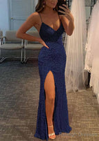 Sheath/Column V Neck Spaghetti Straps Long/Floor-Length Velvet Sequins Prom Dresses With Split